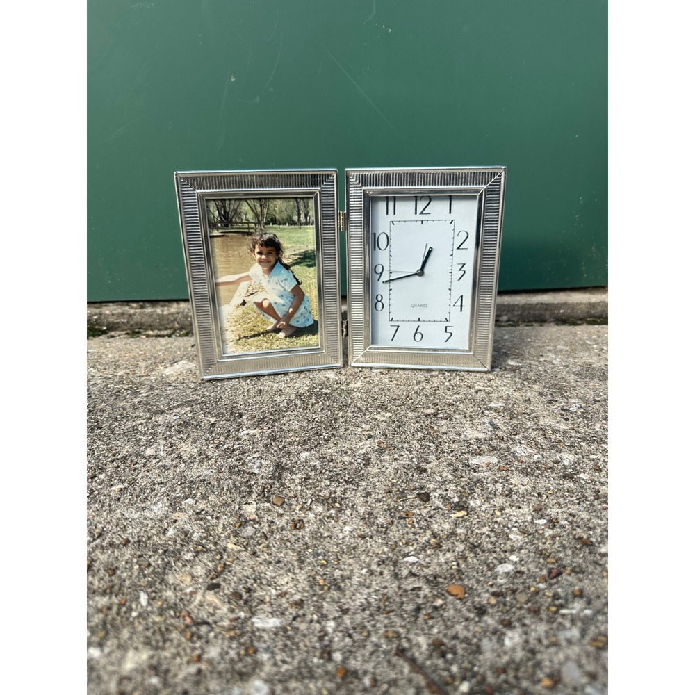 Vintage Silver Tone Double Photo Frame and Quartz Clock Tabletop Decor